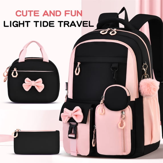 Pink Backpack Set, 3 Piece Laptop Bag with Lunch Box & Pencil Case, 15.6 Inch Waterproof Nylon Bookbag with Cute Bowknot, Large Capacity Travel Daypack