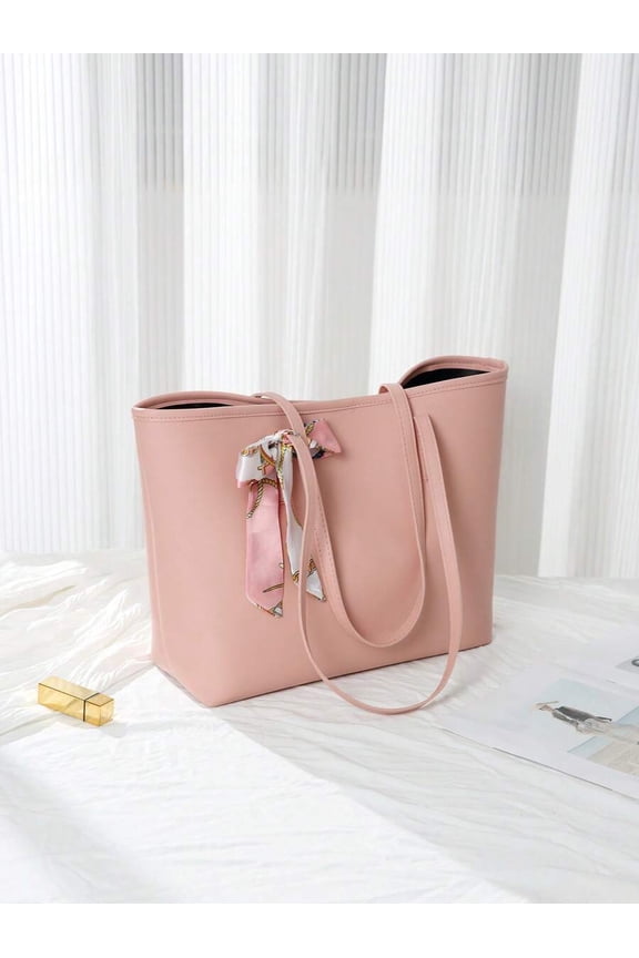 Pink Bag With Silk Scarf Bow Detail, Large Capacity Everyday Handbag