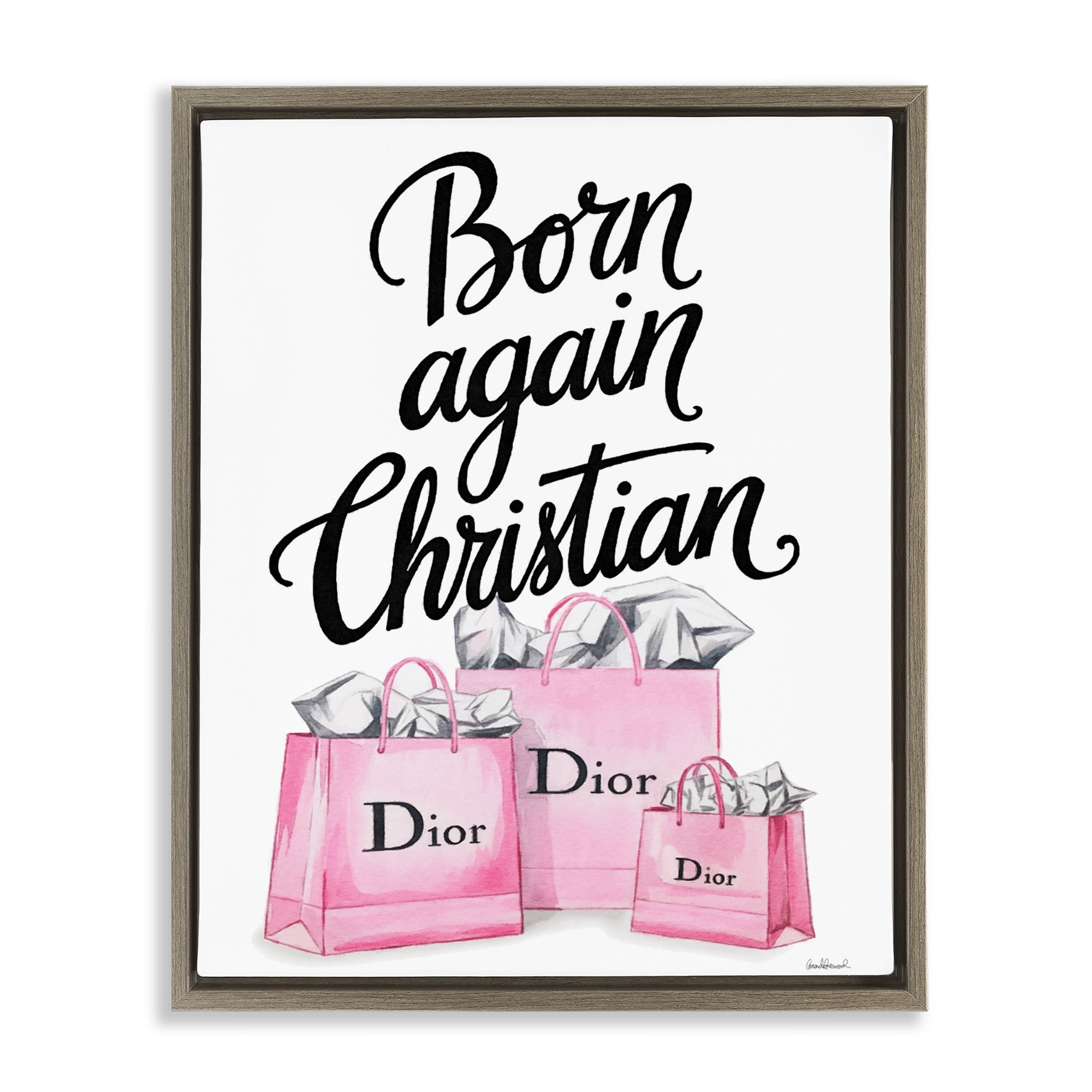 Pink Bags Born Again Christian Brown Framed Floater Canvas Wall Art, design by Amanda Greenwood