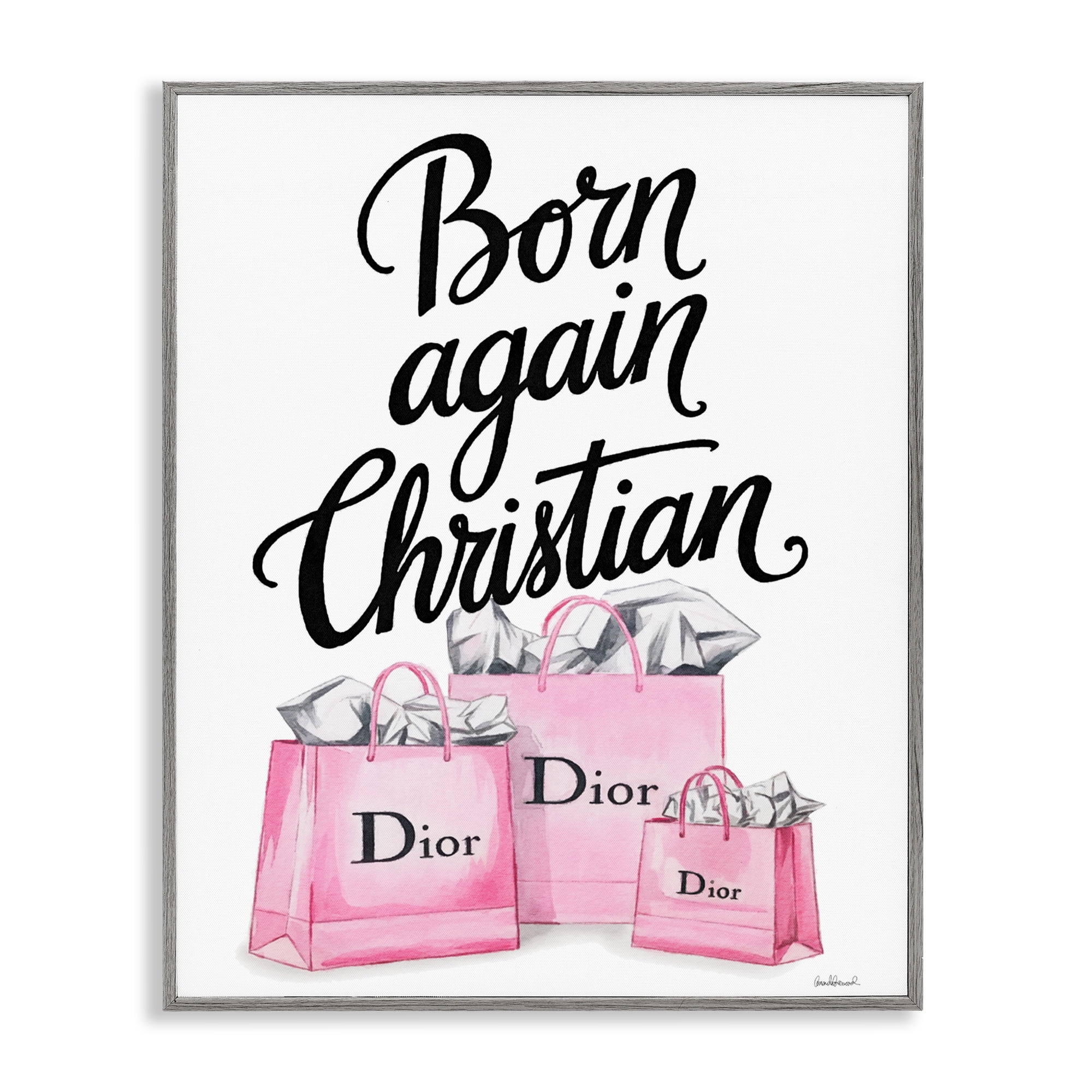 Pink Bags Born Again Christian Gray Framed Giclee Art, design by Amanda Greenwood