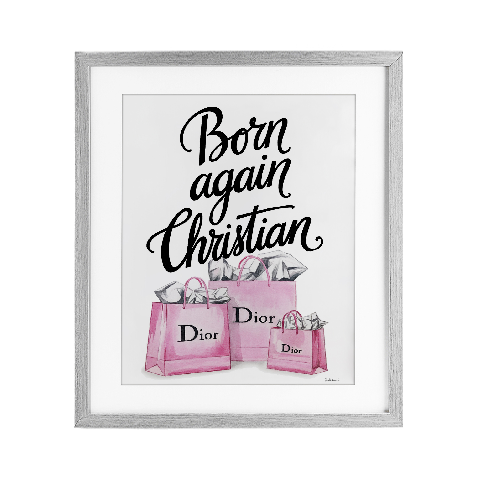 Pink Bags Born Again Christian Gray Framed Print Under Glass, design by Amanda Greenwood