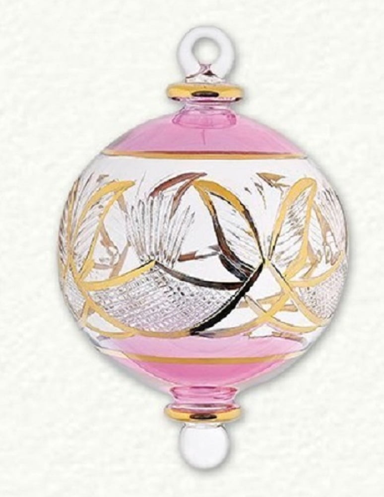 Pink Ball with Gold Etched Accents Egyptian Glass Christmas Ornament Made Egypt