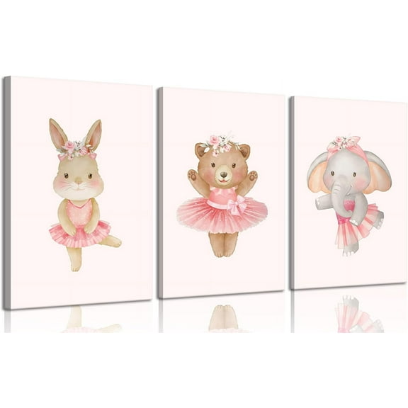 Pink Ballerina Animals Canvas Wall Art Cute Elephant Bunny Bear Wall Decor Pictures Nursery Baby Room Posters Prints for Girls Room Bedroom Home Decoration 12x16in