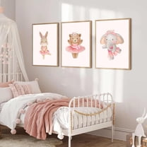 Pink Ballerina Animals Canvas Wall Hieng Cute Elephant Bunny Bear Wall Decor Pictures Nursery Baby Room Posters Prints for Girls Room Bedroom Home Decoration