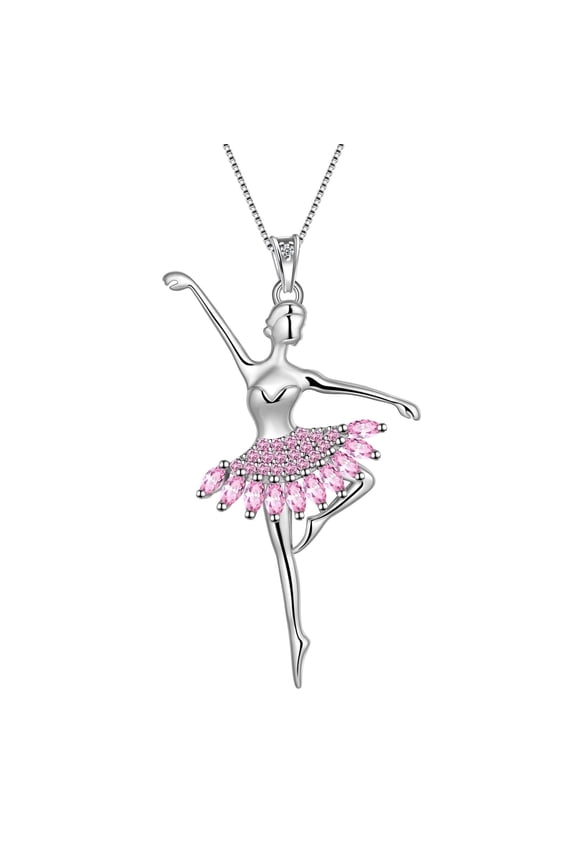 Pink Ballerina Dancer Pendant Necklace October Birthstone CZ 925 Sterling Silver Women Christmas Valentine's Day Birthday Gifts for Daughter