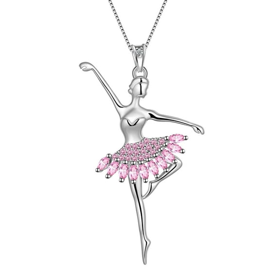 Juwaliy Pink Ballerina Dancer Pendant Necklace October Birthstone CZ 925 Sterling Silver Women Christmas Valentine's Day Birthday Gifts for Daughter