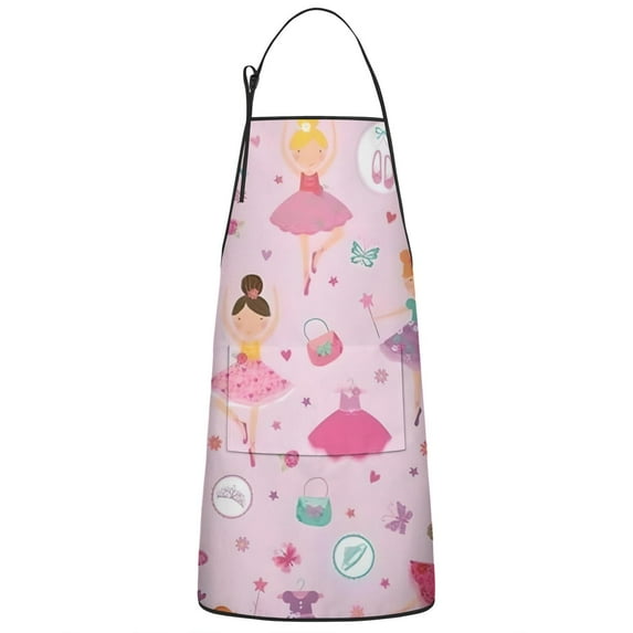 Pink Ballerina Princess Pattern Apron-Garden Aprons for Women with Pockets-Cotton Linen Waterproof Kitchen Cooking Gardening Aprons Adjustable for Kitchen,Cooking,BBQ and Salon 33x27 Inch