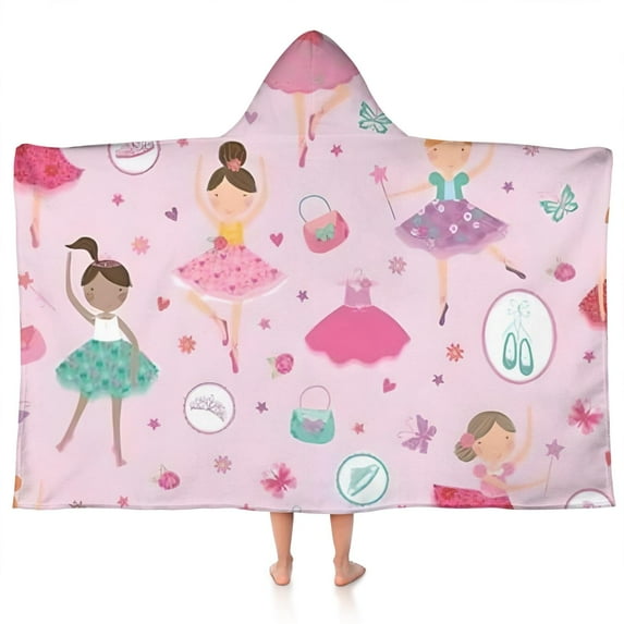 Pink Ballerina Princess Pattern Hooded Bath Towel,50"x30" for Ages 3 To 12 Kids, Quick Dry Lightweight Soft Microfiber Hood Beach Towel Cover Up for Kids