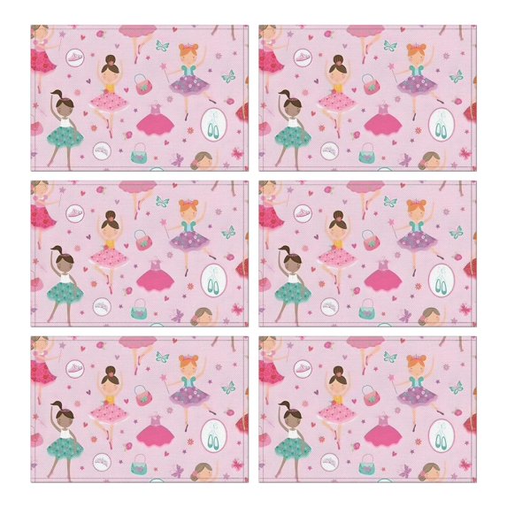 Pink Ballerina Princess Pattern Summer Placemats Table Placemats Set Of 6-Linen Kitchen Washable Placemats Table Mats 11.8"x17.7"Non-Slip Heat Resistant