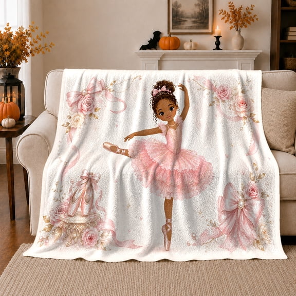 Pink Ballerina With Rose Bows, Delicate Cartoon Ballet Illustration Composition, Appreciation Gift for Ballet Art Enthusiasts, Cozy Flannel Blanket and Home Decor for Living Room and Bedroom