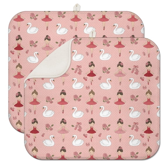 Pink Ballerina Swan Pattern Dish Drying Mat for Kitchen 1 Pack, Ultra Absorbent Microfiber Dishes Drainer Mats,16"x18"