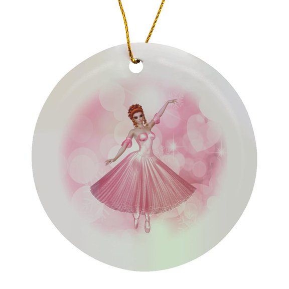 3drose, Pink Ballerina with Heart Shaped Bokeh for Girls, Circle Porcelain Ornament