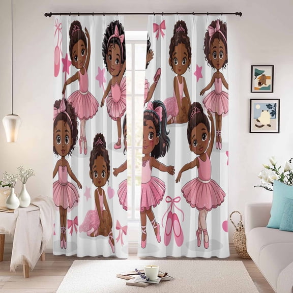 Pink Ballet Dancer Blackout Curtains for Bedroom/Living Room, Pinch Pleated Black Out Curtains, Cute Cartoon Girls Bow-knot Love Star Room Darkening Window Drapes with Hooks 2 Panels, 59"x70"