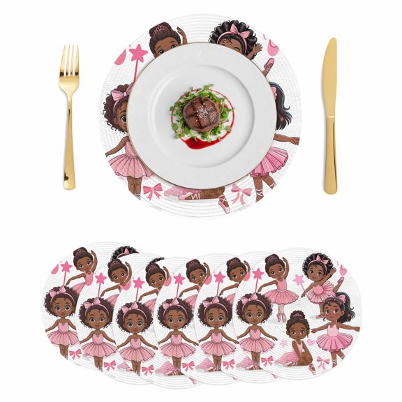 Pink Ballet Dancer Round 15 Inch Placemats Set of 6, Cute Cartoon Girls Bow-knot Love Star HeatResistant Non Slip Place Mats for Dining Table, Wipeable Braided Kitchen Table Mats for Housewarming