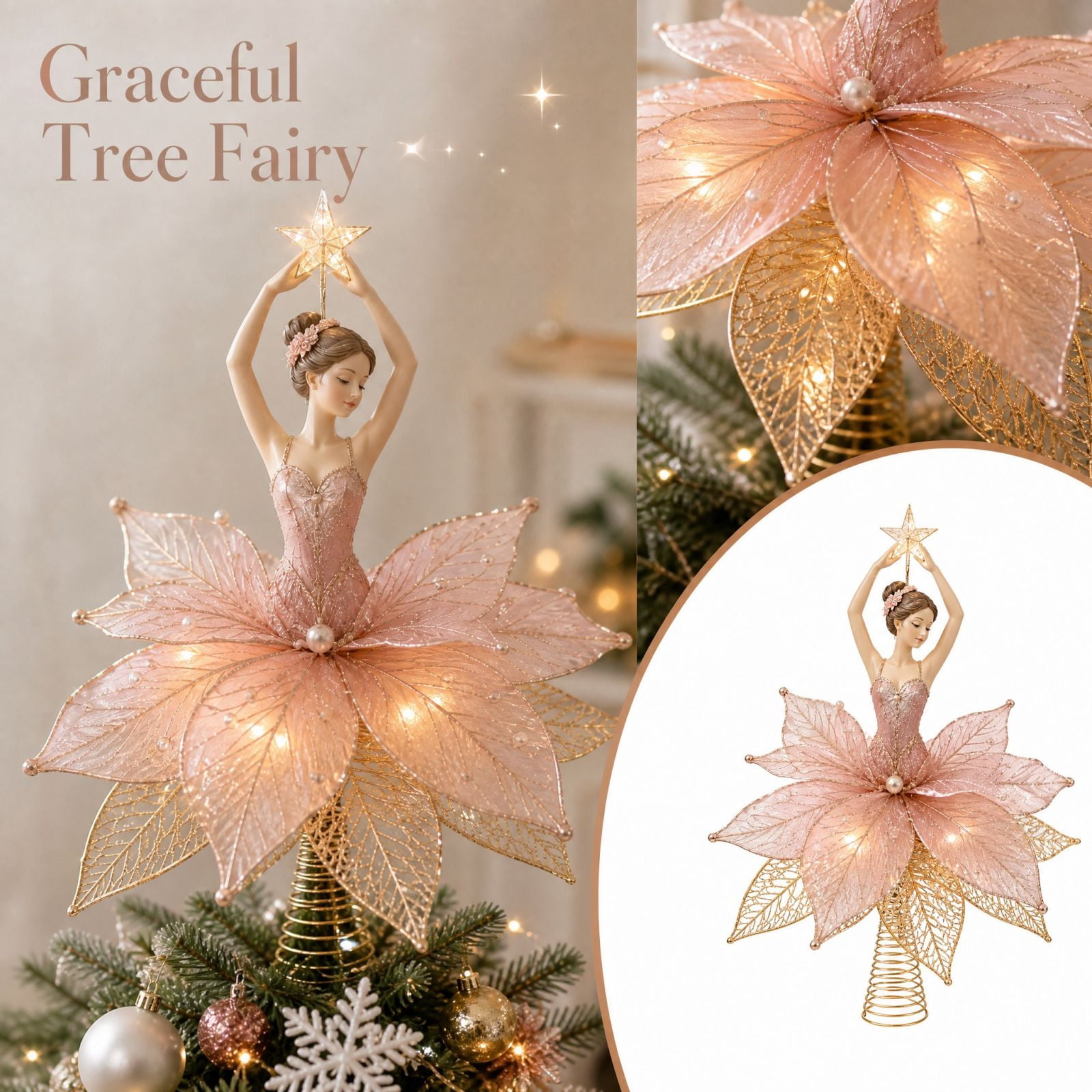 Large Pink Tree Topper Pink Ballet Fairy Christmas Tree Topper with Glittering Star and Floral ...
