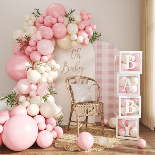 Pink Balloon Arch Garland Kit, 132Pcs Pink Baby Shower Decorations for Girl Baby Boxes with Letters for Boho Baby Shower Birthday Gender Reveal Party Wedding Decorations