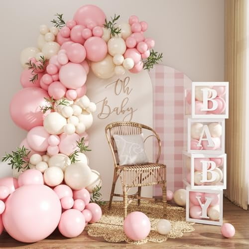 Pink Balloon Arch Garland Kit, 132Pcs Pink Baby Shower Decorations for Girl Baby Boxes with Letters for Boho Baby Shower Birthday Gender Reveal Party Wedding Decorations