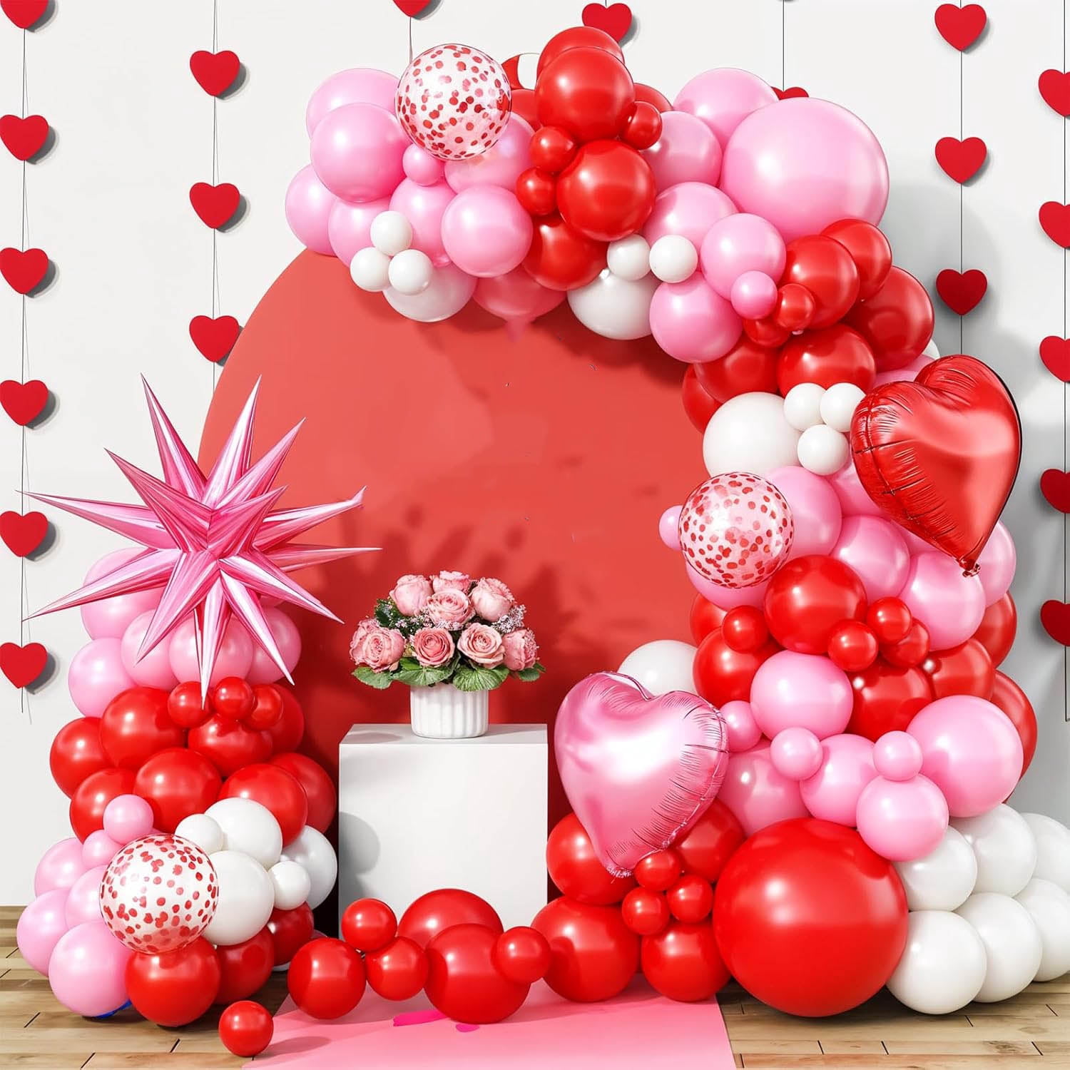 Pink Balloon Garland Arch Kit with Heart Balloons and Star Balloons for Party Decorations