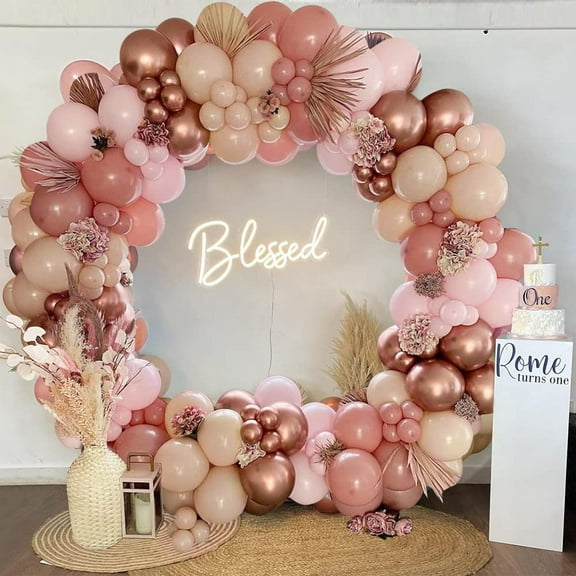 Pink Balloon Garland, Vintage Pink Balloon Garland with Metallic Rose Gold Balloons Macaron Pink Balloons for Birthday Wedding Decorations Girls Baby Shower