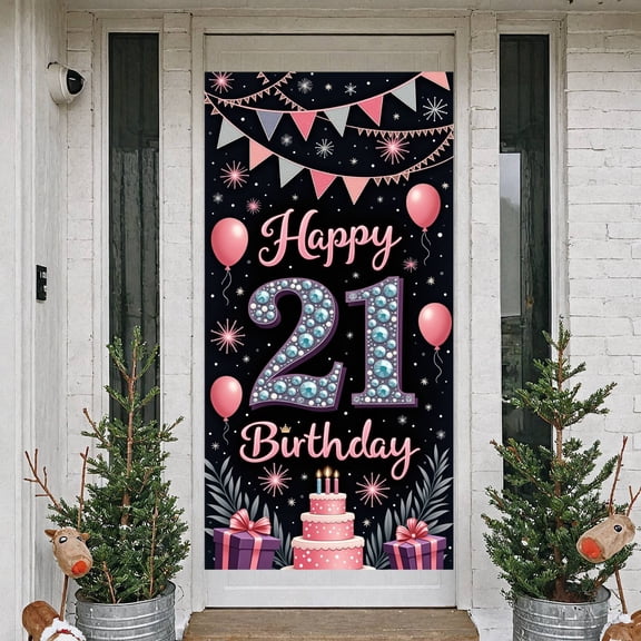 Pink Balloons 21st Birthday Banner Decorated Happy Birthday Display Colorful Bunting Sparkling Fireworks Birthday Backdrop for 21st Birthday Party Adult Celebration Indoor Decoration