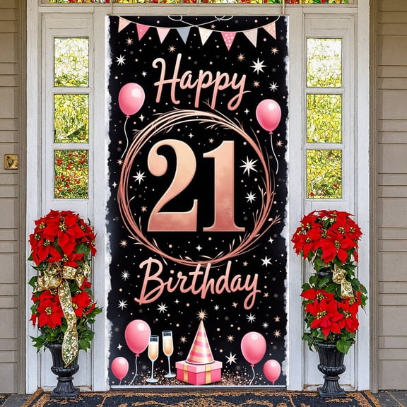 Pink Balloons 21st Birthday Banner Gold Stars Display Champagne Glasses Gift Box 21st Celebration Backdrop for 21st Birthday Party Adult Celebration Photo Shoot