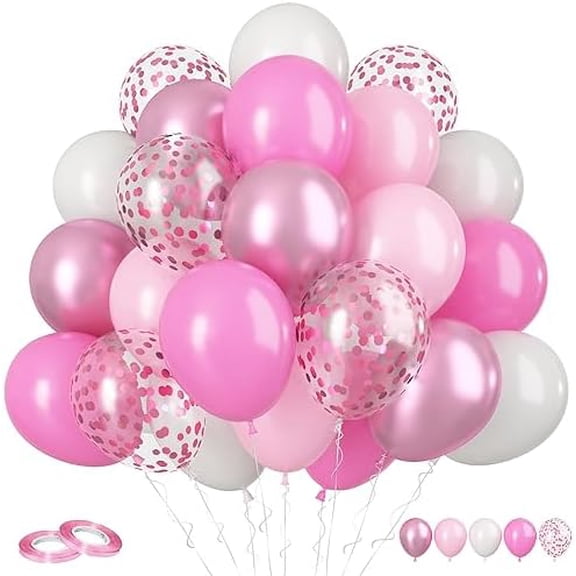 Pink Balloons, 60Pcs Pastel Pink Pearl White Latex Balloons, 12 Inch Metallic Pink Confetti Balloons Helium for Girls Princess Birthday Baby Shower Wedding Party Decorations