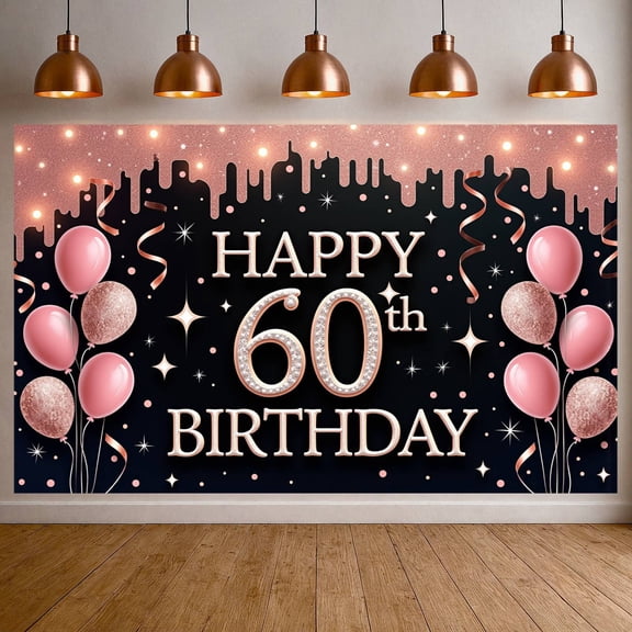 Pink Balloons 60th Birthday Banner Gold Glitter Happy Birthday Display Design Ribbon Decor 60th Celebration Backdrop for 60th Birthday Party Indoor Party Decoration Photo Backdrop