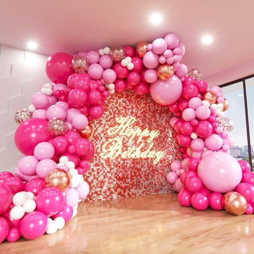 Pink Balloons Arch Kit, 160Pcs Hot Pink Balloon Garland Kit Metallic Rose Gold Confetti Balloons for Birthday, Princess Theme, Engagements, Galentine's Day, Valentine's Day Party Decoration