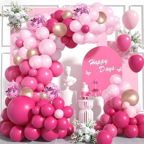 Pink Balloons Arch Kit Garland 131PCS as Pink Decor, Atefa Different Sizes of 18 12 5 Inch Pink and Gold Balloons for Baby Shower Gender Reveal Birthday Bridal Shower Princess Party Decorations