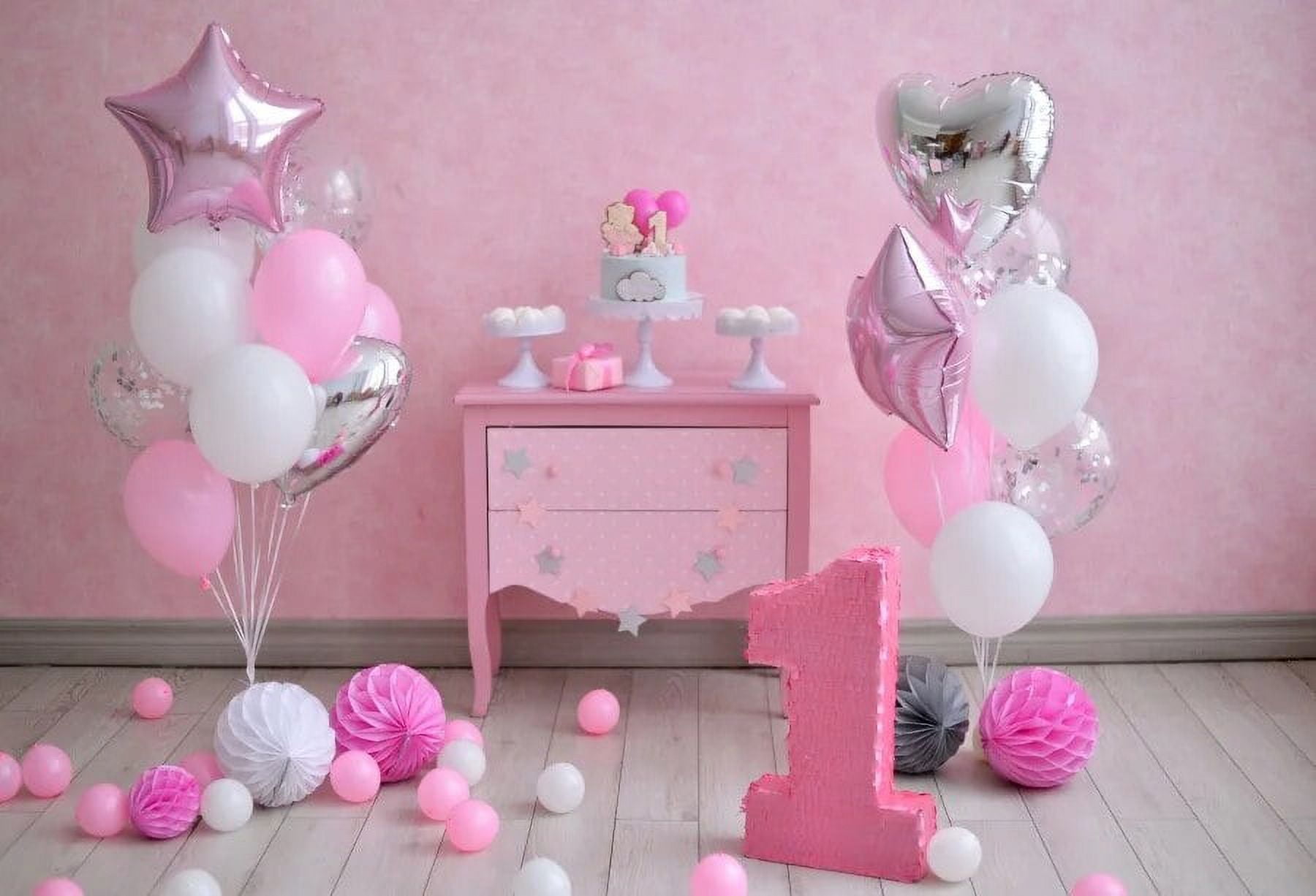 Pink Balloons Baby 1st Birthday Party Cake Flower Gray Wooden Floor pink-balloons-baby-1st-birthday-party-cake-flower-gray-wooden-floor