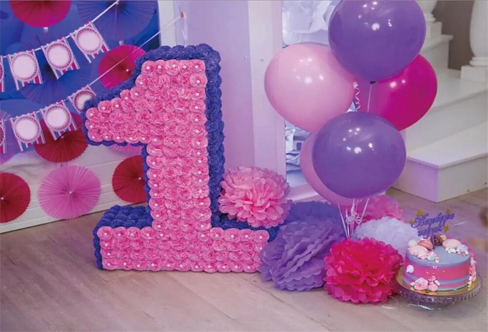 Pink Balloons Baby 1st Birthday Party Cake Flower Gray Wooden Floor Pink Balloons Baby 1st Birthday Party Cake Flower Gray Wooden Floor