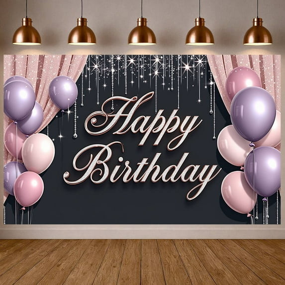Pink Balloons Banner Gold Glitter Birthday Party Display Sparkling Stars Pink Curtain Party Backdrop for Birthday Party Indoor Decoration Photo Backdrop