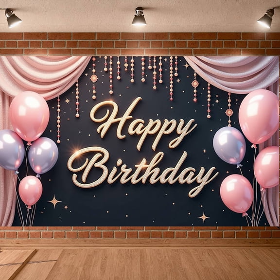 Pink Balloons Banner Gold Glitter Birthday Party Display Sparkling Stars Pink Curtain Party Backdrop for Birthday Party Indoor Decoration Photo Backdrop