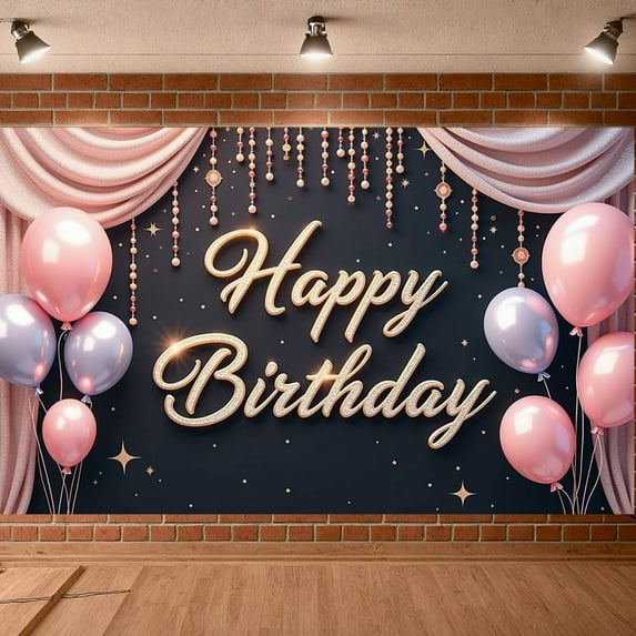 Pink Balloons Banner Gold Glitter Birthday Party Display Sparkling Stars Pink Curtain Party Backdrop for Birthday Party Indoor Decoration Photo Backdrop