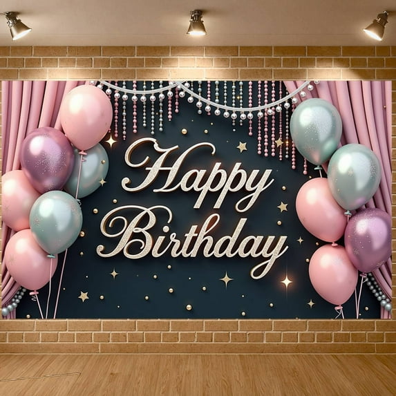 Pink Balloons Banner Gold Glitter Birthday Party Display Sparkling Stars Pink Curtain Party Backdrop for Birthday Party Indoor Decoration Photo Backdrop