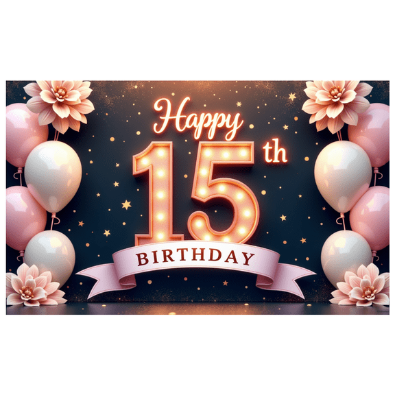 Pink Balloons Happy 15th Birthday Warm Light Floral Theme Banner for Teen Celebration Birthday Party Indoor Decoration