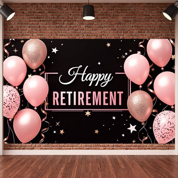 Pink Balloons Happy Retirement Banner Gold Stars Retirement Display Glittery Design Ribbon Decor Festive Backdrop for Retirement Party Farewell Celebration Office Party