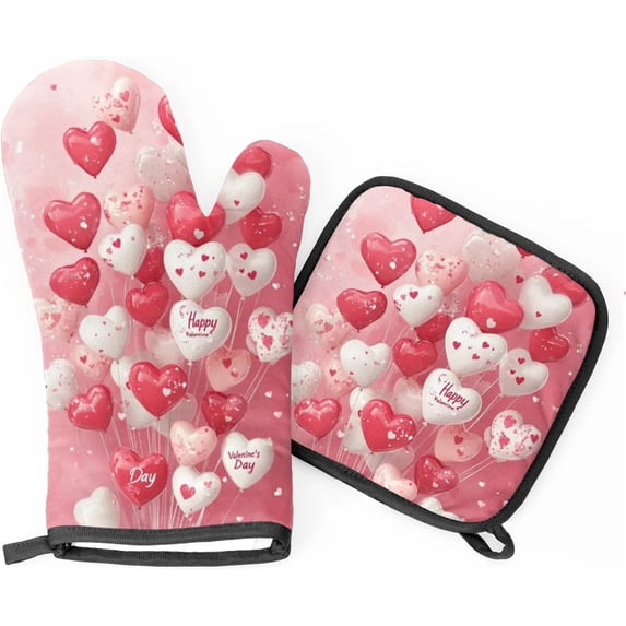 Pink Balloons Oven Mitts and Pot Holders Set of 2, Valentine''s Day Heat Resistant Oven Mitts Kitchen Oven Glove for Cooking, Baking