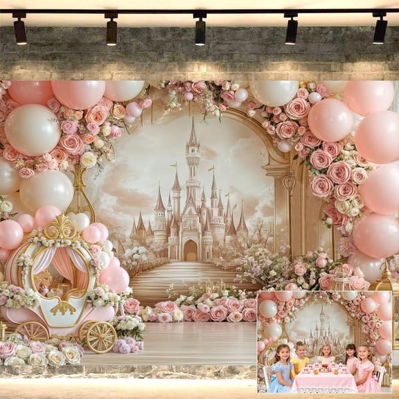 Pink Balloons Princess Birthday Backdrop Pink Flowers Castle Fairy Tale Photography Background for Girls Happy Birthday Party Decorations Banner Supplies Photo Booth Props