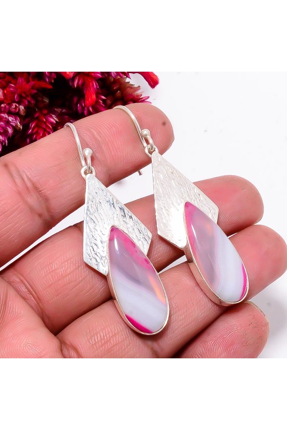 Pink Banded Agate - Botswana 925 Sterling Silver Handmade Earring 2.26" Sku22, Handmade Jewelry, Dangle Earring