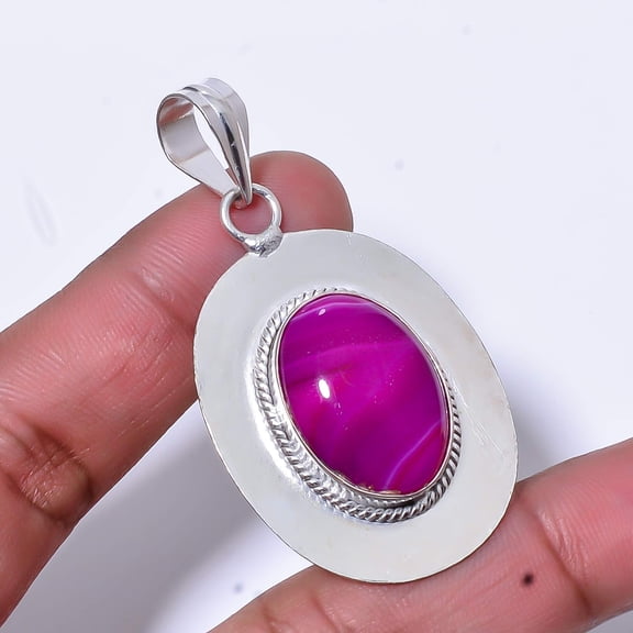 Pink Banded Agate - Botswana Handmade 925 Sterling Silver Pendant 2.15" P12