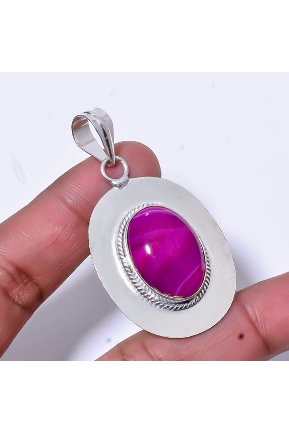 Pink Banded Agate - Botswana Handmade 925 Sterling Silver Pendant 2.15" P12