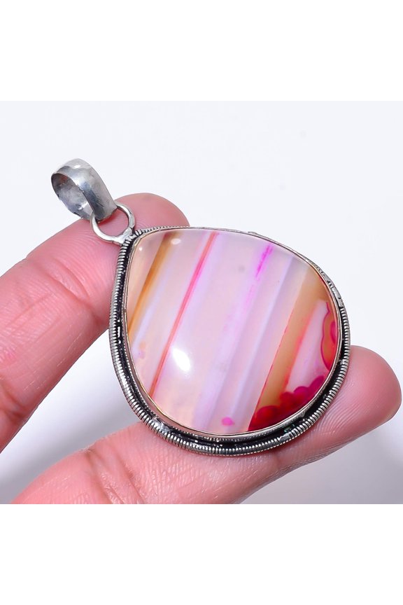 Pink Banded Agate - Botswana Handmade 925 Sterling Silver Pendant 2.26" P24