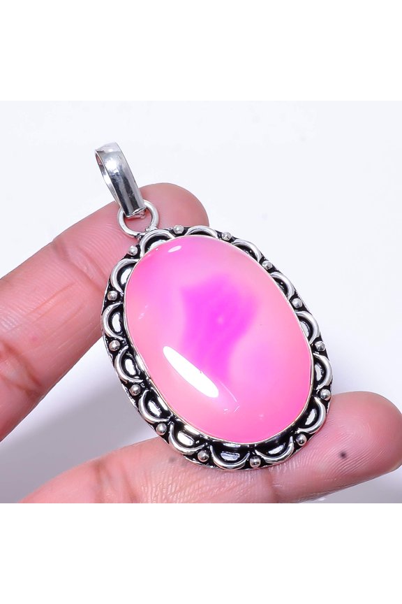 Pink Banded Agate - Botswana Handmade 925 Sterling Silver Pendant 2.34" P20
