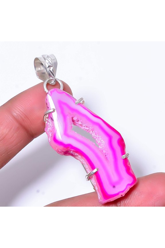 Pink Banded Agate - Botswana Handmade 925 Sterling Silver Pendant 2.34" P44