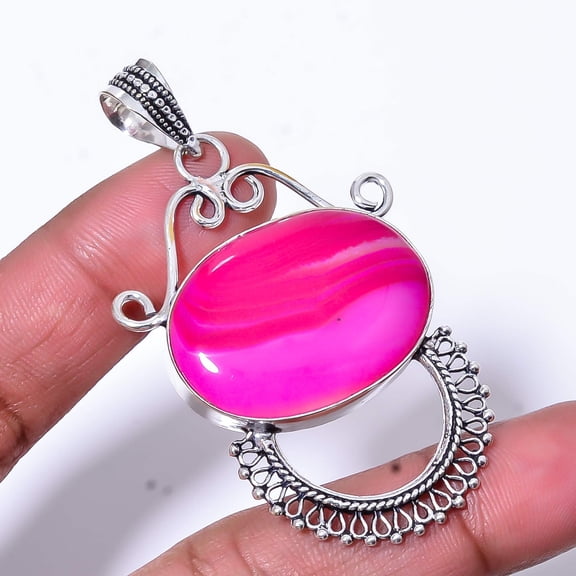 Pink Banded Agate - Botswana Handmade 925 Sterling Silver Pendant 2.5" P177
