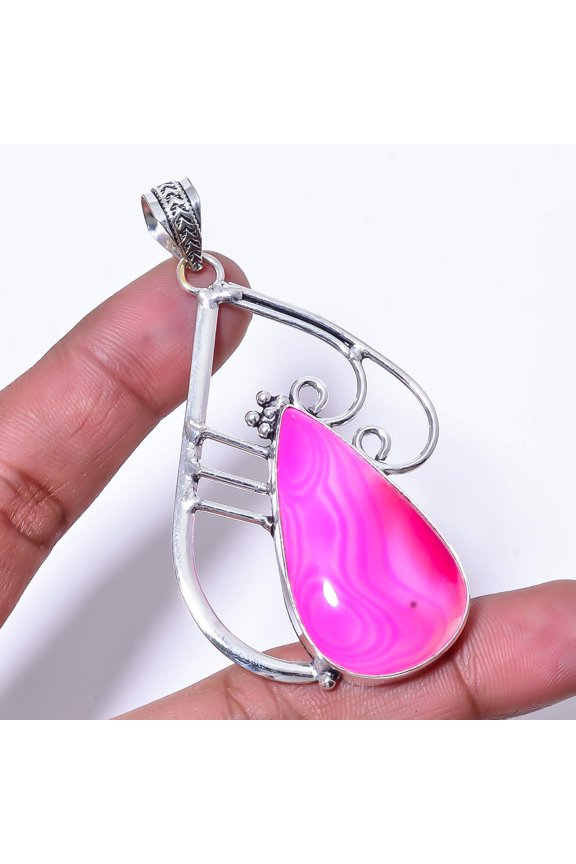 Pink Banded Agate - Botswana Handmade 925 Sterling Silver Pendant 2.89" P376