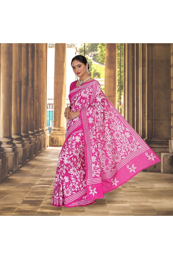 Pink Banglore silk Sari with Kantha hand embroidery Size: XS, Color: Pink