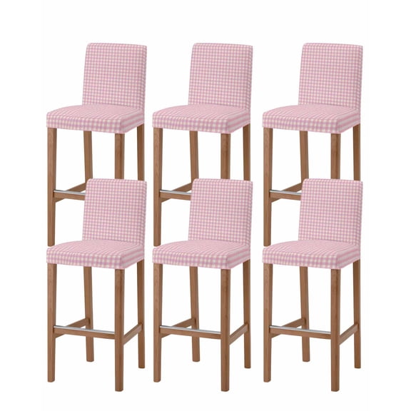 Pink Bar Stool Covers Set of 6, Grid Checkered Plaid Gingham Lattice Trellis Stretch Washable Bar Chair Covers with Backs, Removable Pub Counter Height Chair Cover for Kitchen Dining Room Cafe