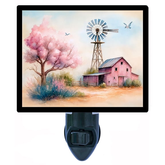 Pink Barn Night Light – Pastel Farm Scene with Blossoming Tree, Windmill and Soaring Birds, Soft Country Spring Décor – Includes Free Switchable Insert